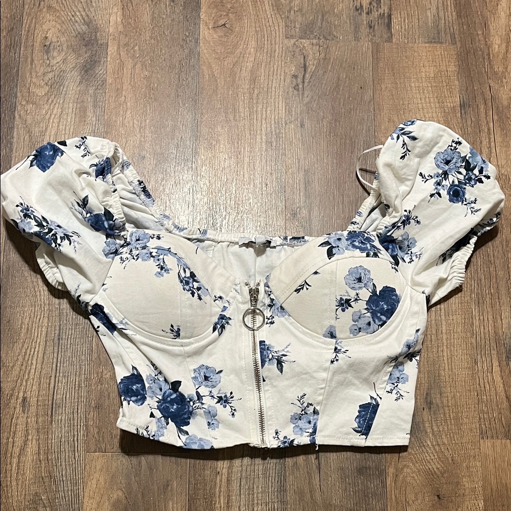 White Floral Bustier Crop Top with Blue Rose Print
